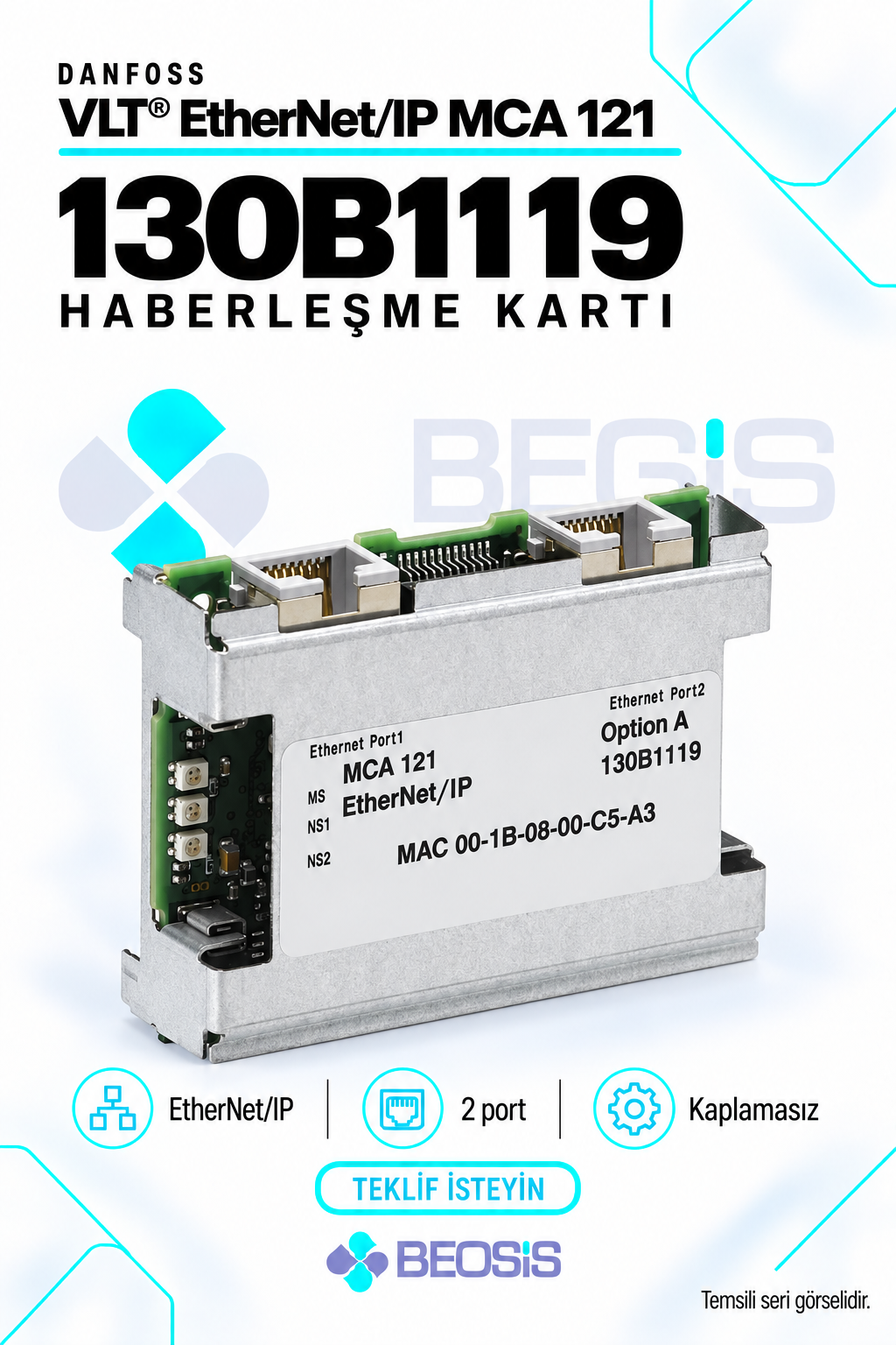 Danfoss 130B1119 VLT EtherNet/IP MCA 121 Haberleşme Kartı – Kaplamasız