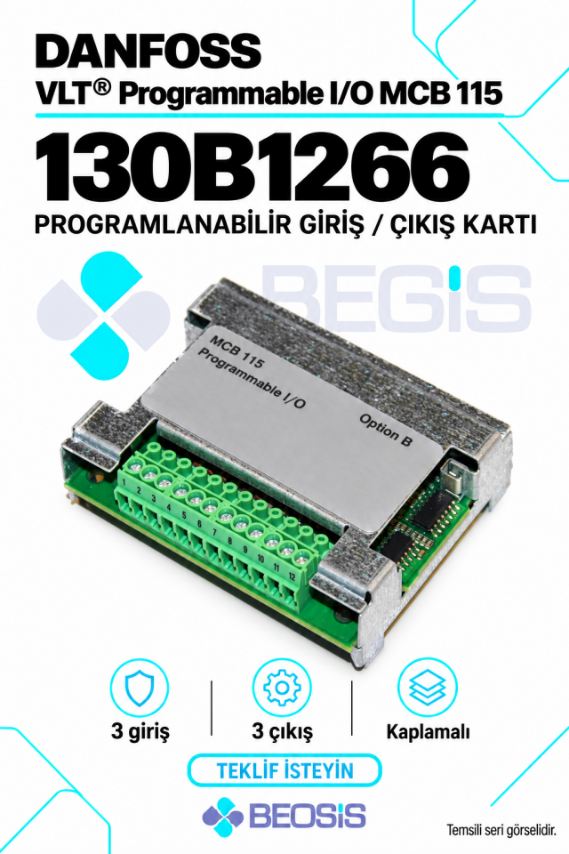 Danfoss 130B1266 VLT Programmable I/O MCB 115 Giriş Çıkış Kartı – 3 Giriş, 3 Çıkış, Kaplamalı