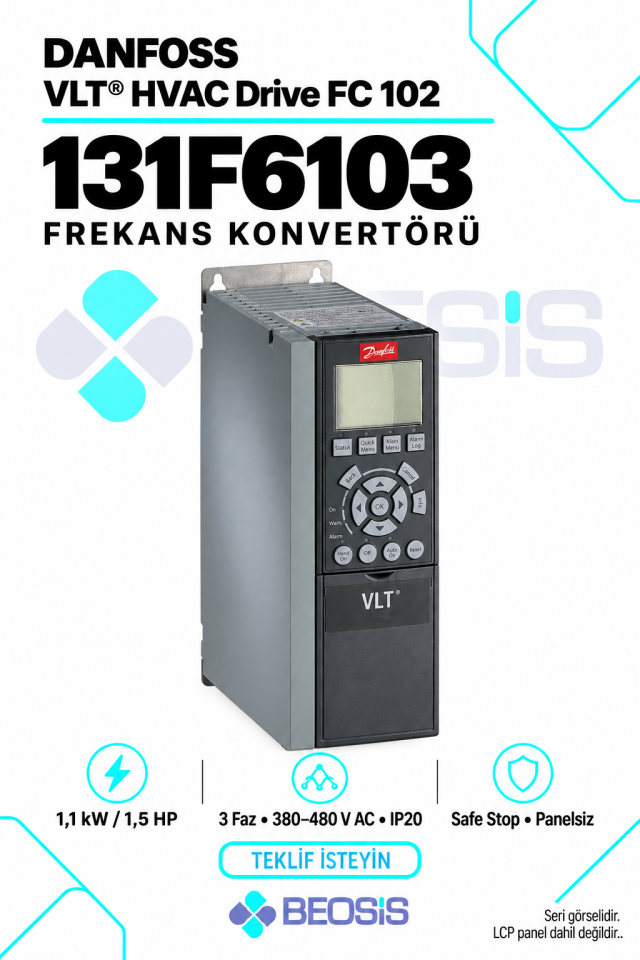 Danfoss 131F6103 VLT HVAC Drive FC 102 1,1 kW 380–480 V IP20 Panelsiz Motor Hız Kontrol Cihazı