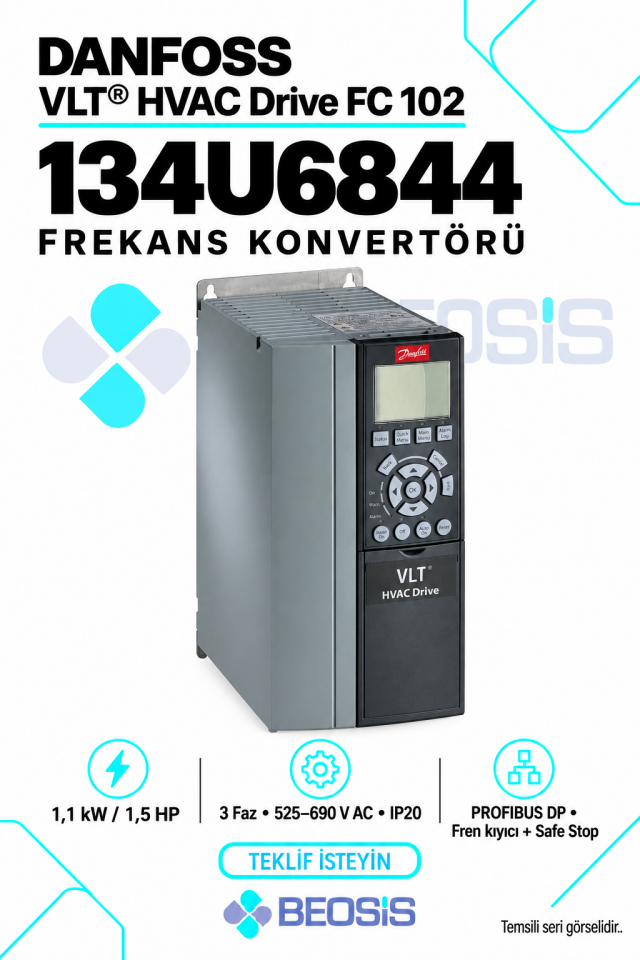 Danfoss 134U6844 VLT HVAC Drive FC 102 1,1 kW 525–690 V IP20 Grafik Panelli Motor Hız Kontrol Cihazı