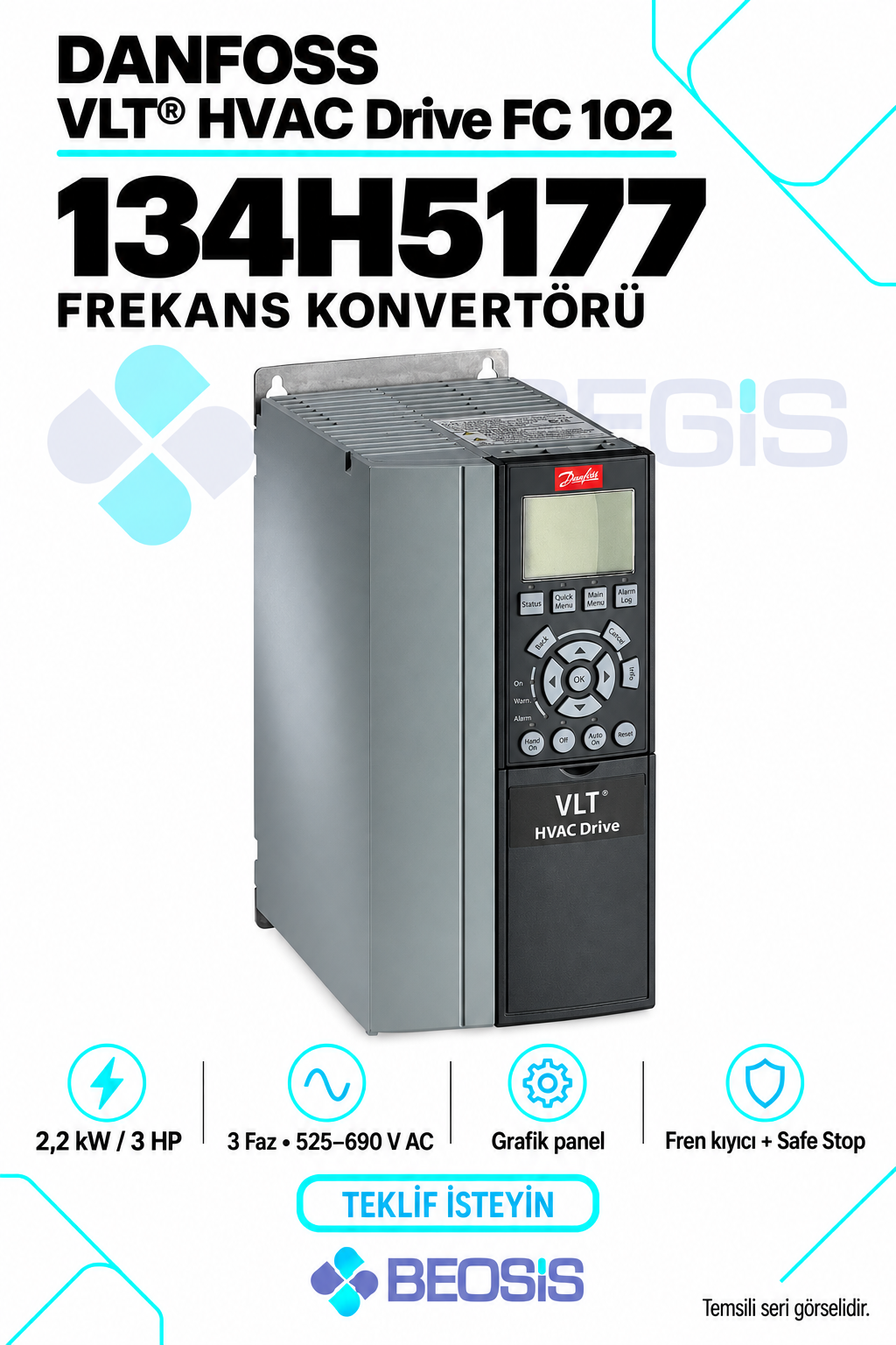 Danfoss 134H5177 VLT HVAC Drive FC 102 2,2 kW 525–690 V IP20 Grafik Panelli Motor Hız Kontrol Cihazı