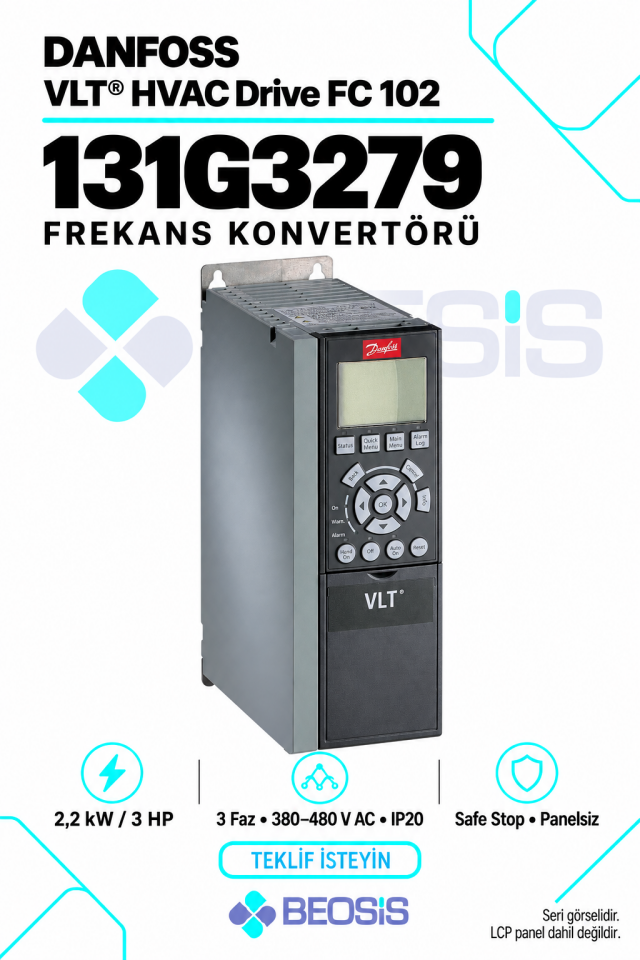 Danfoss 131G3279 VLT HVAC Drive FC 102 2,2 kW 380–480 V IP20 Panelsiz Motor Hız Kontrol Cihazı