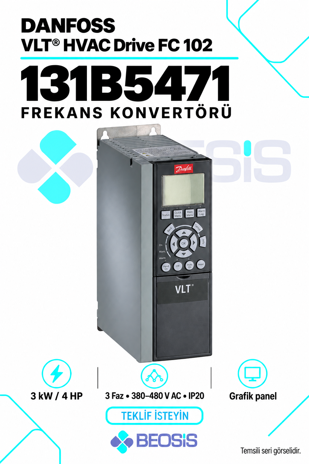 Danfoss 131B5471 VLT HVAC Drive FC 102 3 kW 380–480 V IP20 Grafik Panelli Motor Hız Kontrol Cihazı