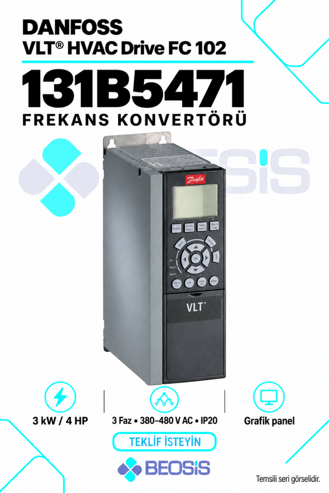 Danfoss 131B5471 VLT HVAC Drive FC 102 3 kW 380–480 V IP20 Grafik Panelli Motor Hız Kontrol Cihazı