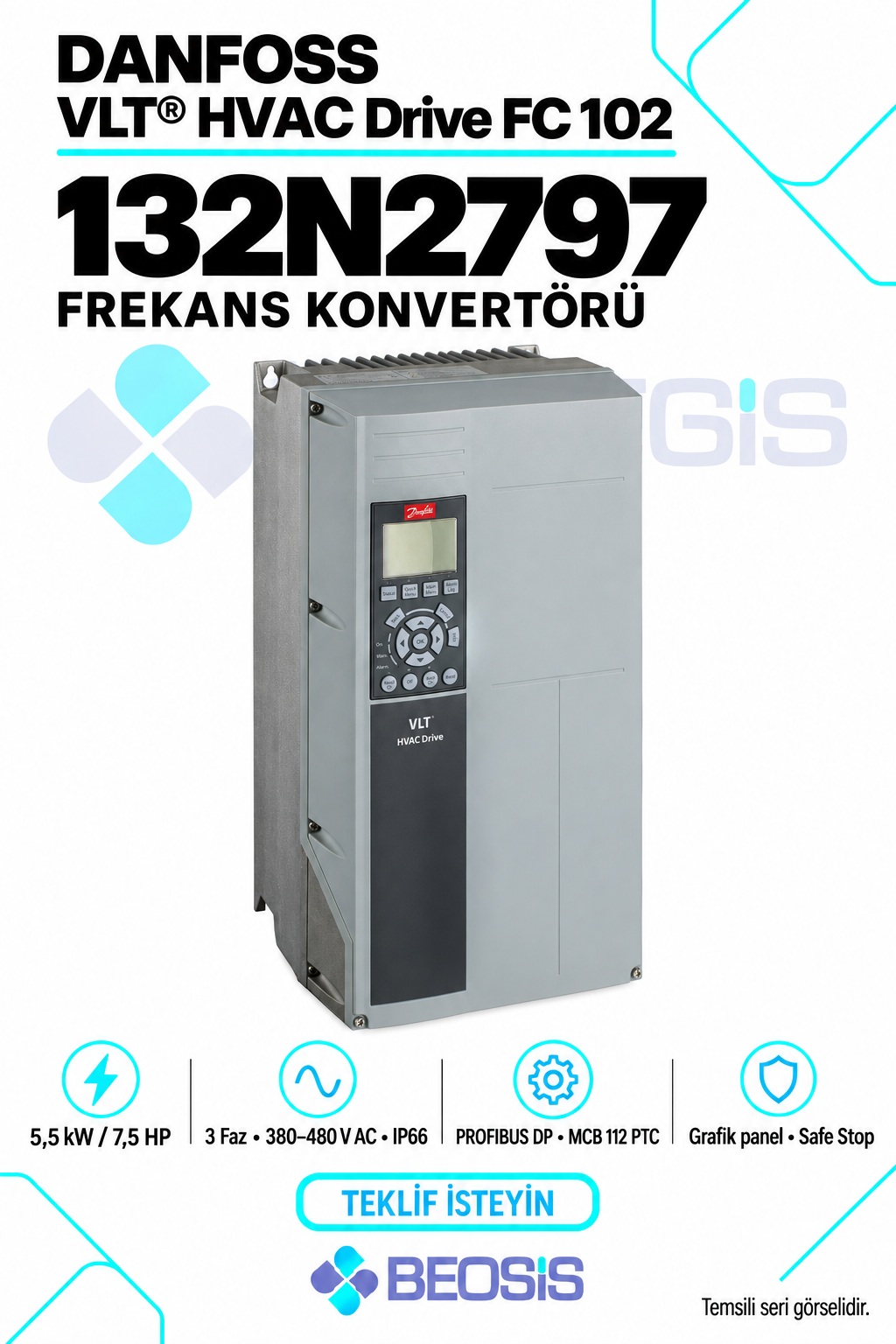 Danfoss 132N2797 VLT HVAC Drive FC 102 5,5 kW 380–480 V IP66 Grafik Panelli Motor Hız Kontrol Cihazı
