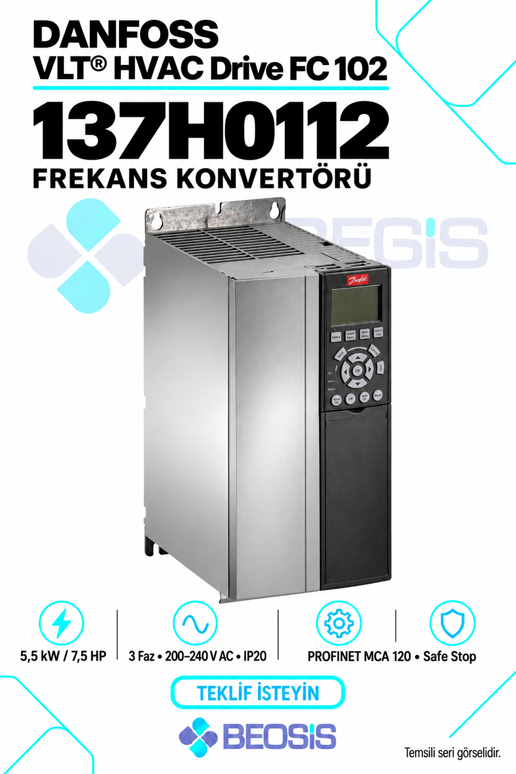 Danfoss 137H0112 VLT HVAC Drive FC 102 5,5 kW 200–240 V IP20 Grafik Panelli Motor Hız Kontrol Cihazı