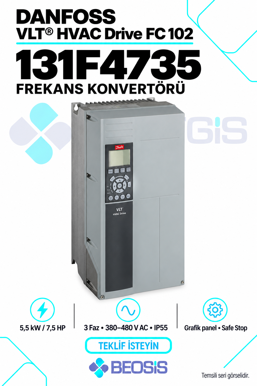 Danfoss 131F4735 VLT HVAC Drive FC 102 5,5 kW 380–480 V IP55 Grafik Panelli Motor Hız Kontrol Cihazı