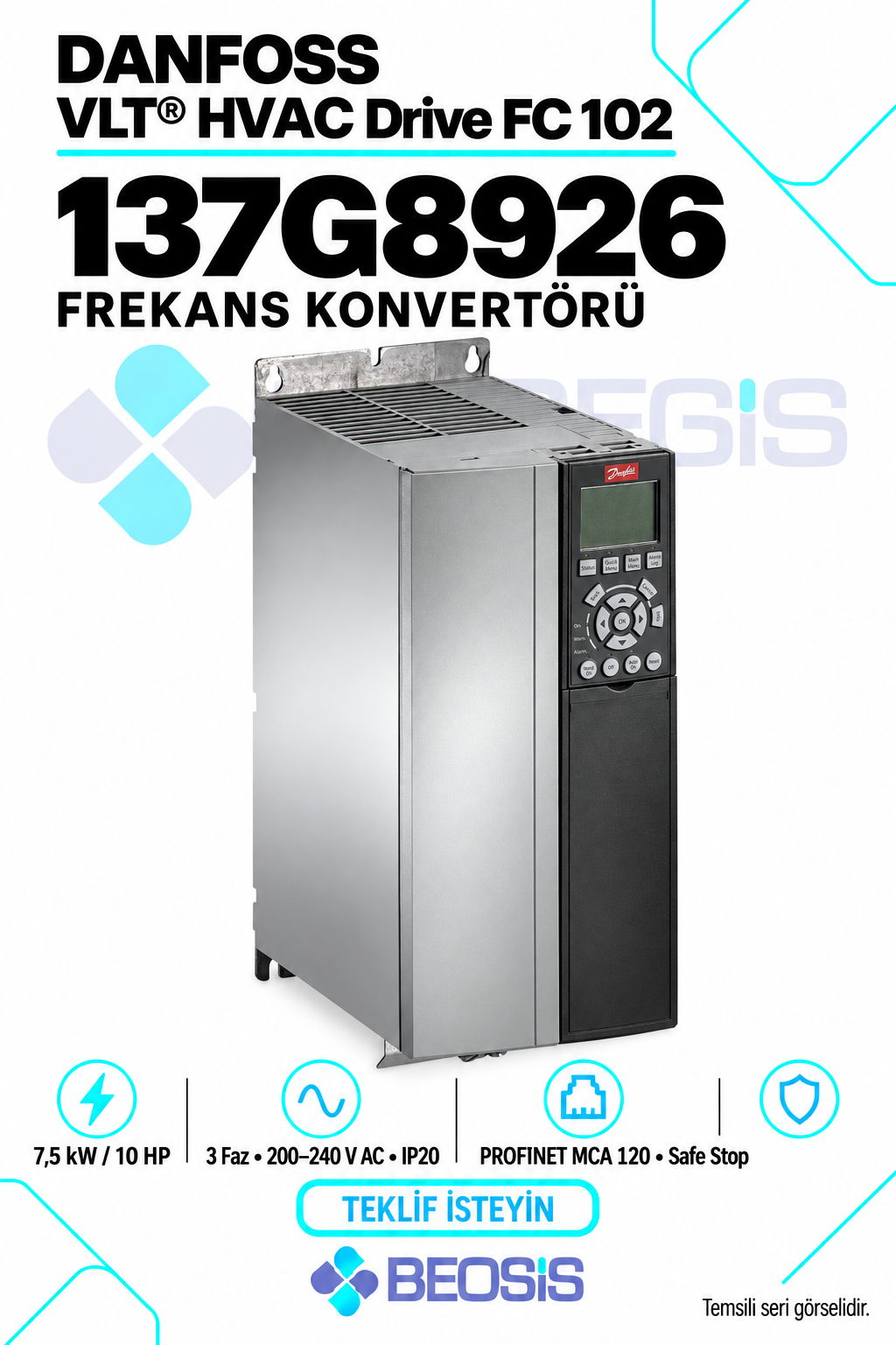 Danfoss 137G8926 VLT HVAC Drive FC 102 7,5 kW 200–240 V IP20 Grafik Panelli Motor Hız Kontrol Cihazı