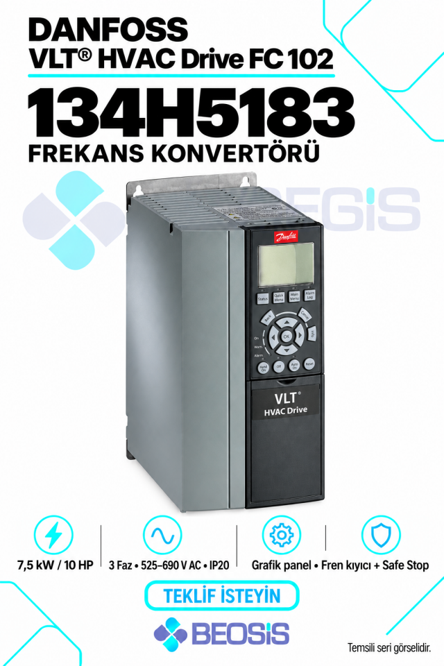 Danfoss 134H5183 VLT HVAC Drive FC 102 7,5 kW 525–690 V IP20 Grafik Panelli Motor Hız Kontrol Cihazı