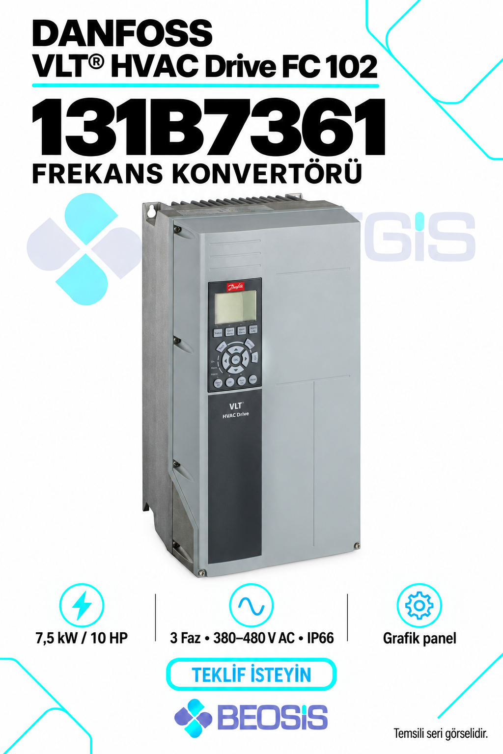 Danfoss 131B7361 VLT HVAC Drive FC 102 7,5 kW 380–480 V IP66 Grafik Panelli Motor Hız Kontrol Cihazı