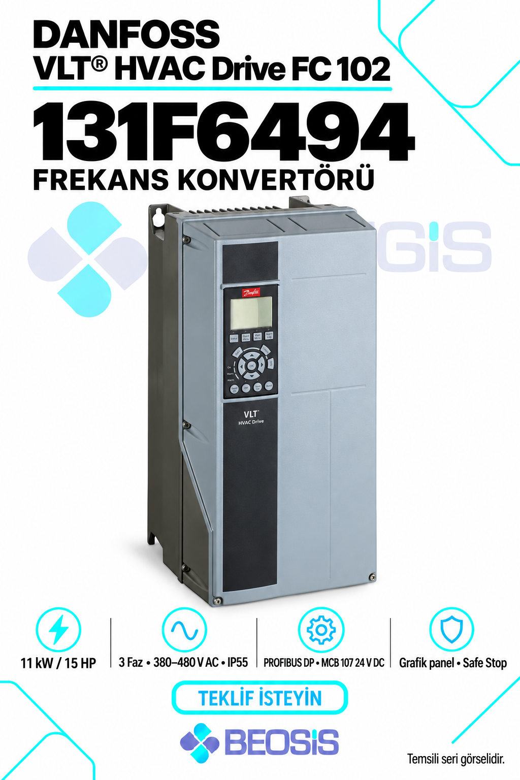 Danfoss 131F6494 VLT HVAC Drive FC 102 11 kW 380–480 V IP55 Grafik Panelli Motor Hız Kontrol Cihazı