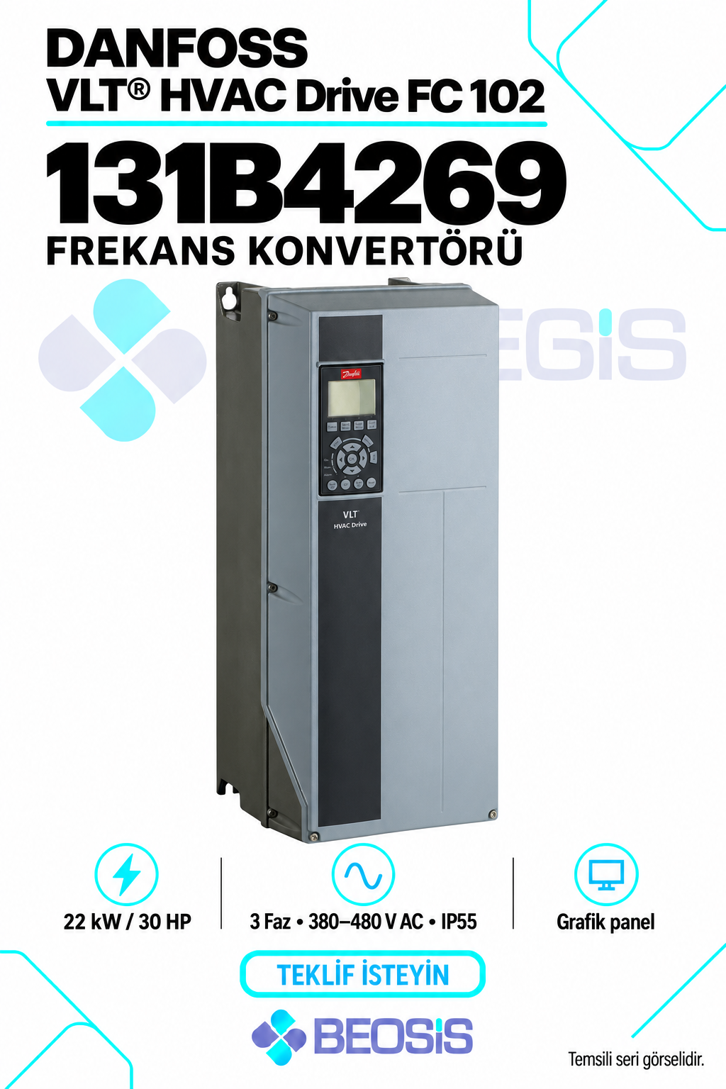 Danfoss 131B4269 VLT HVAC Drive FC 102 22 kW 380–480 V IP55 Grafik Panelli Motor Hız Kontrol Cihazı