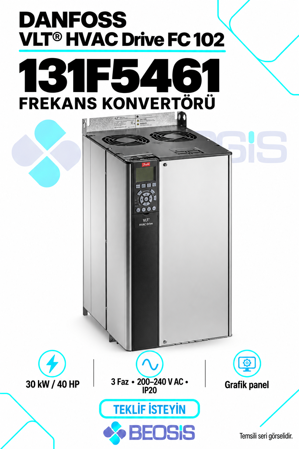 Danfoss 131F5461 VLT HVAC Drive FC 102 30 kW 200–240 V IP20 Grafik Panelli Motor Hız Kontrol Cihazı