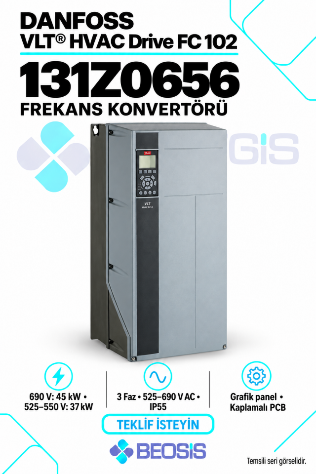 Danfoss 131Z0656 VLT HVAC Drive FC 102 37–45 kW 525–690 V IP55 Grafik Panelli Motor Hız Kontrol Cihazı
