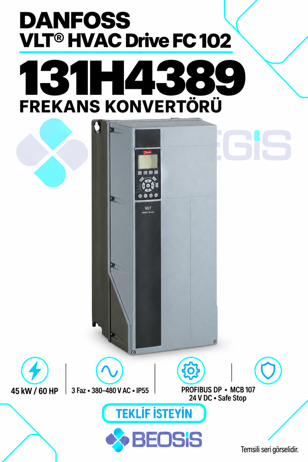 Danfoss 131H4389 VLT HVAC Drive FC 102 45 kW 380–480 V IP55 Grafik Panelli Motor Hız Kontrol Cihazı