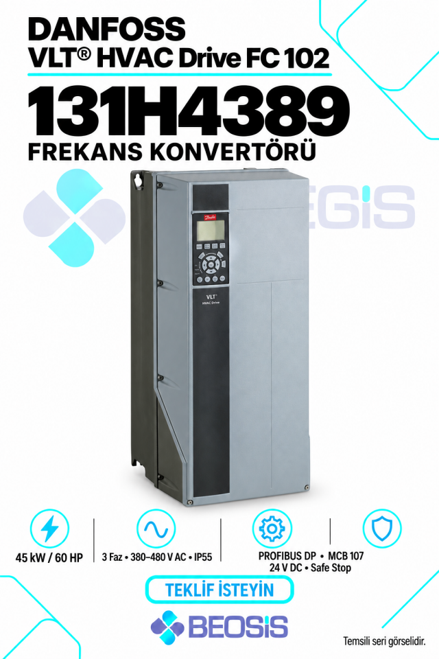 Danfoss 131H4389 VLT HVAC Drive FC 102 45 kW 380–480 V IP55 Grafik Panelli Motor Hız Kontrol Cihazı