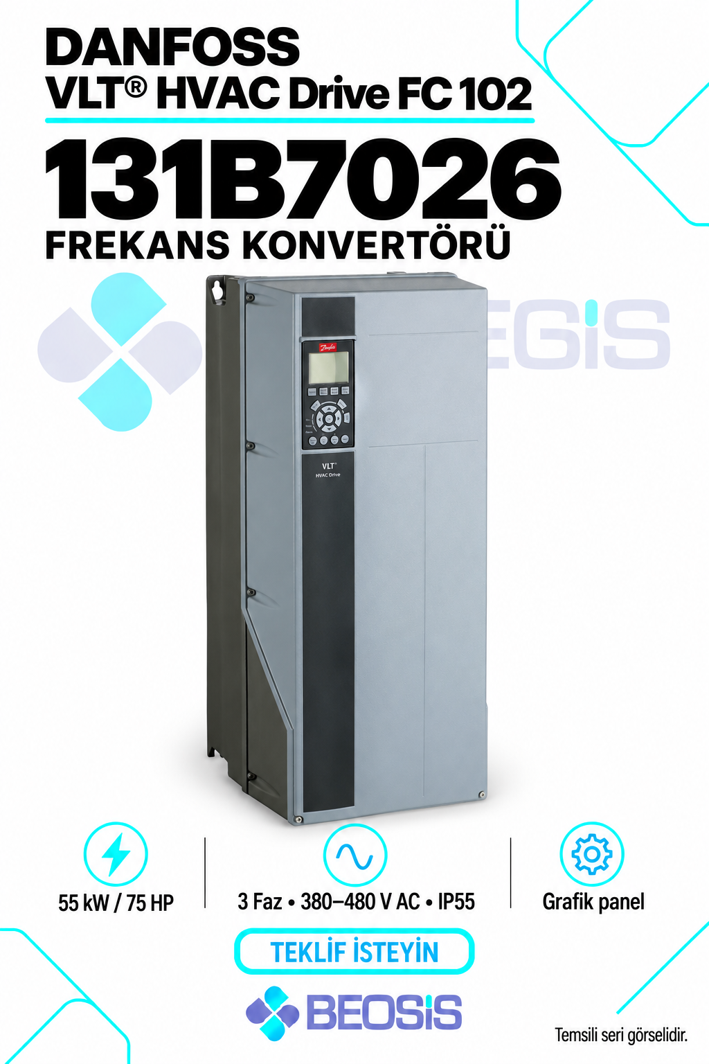 Danfoss 131B7026 VLT HVAC Drive FC 102 55 kW 380–480 V IP55 Grafik Panelli Motor Hız Kontrol Cihazı