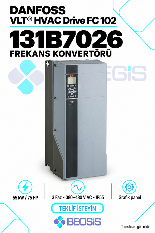 Danfoss 131B7026 VLT HVAC Drive FC 102 55 kW 380–480 V IP55 Grafik Panelli Motor Hız Kontrol Cihazı