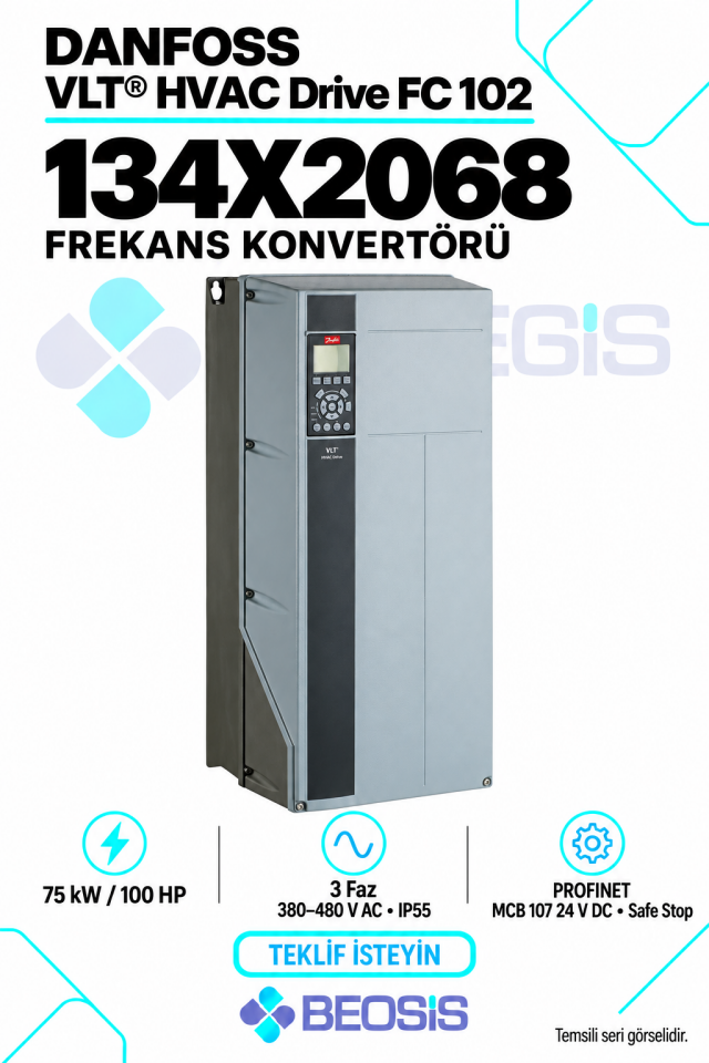 Danfoss 134X2068 VLT HVAC Drive FC 102 75 kW 380–480 V IP55 Grafik Panelli Motor Hız Kontrol Cihazı