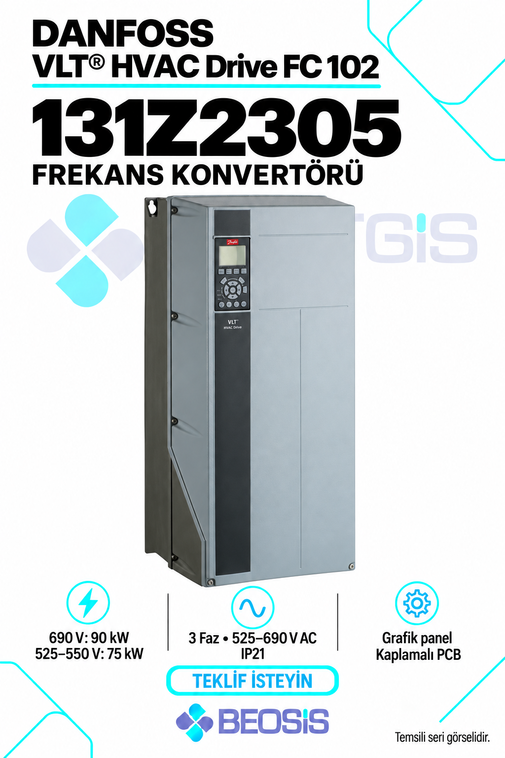 Danfoss 131Z2305 VLT HVAC Drive FC 102 75–90 kW 525–690 V IP21 Grafik Panelli Motor Hız Kontrol Cihazı