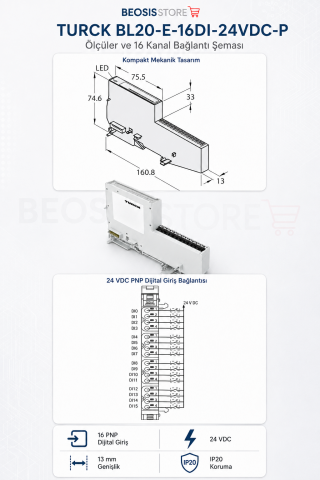 TURCK BL20-E-16DI-24VDC-P 16 Kanal Dijital Giriş Modülü