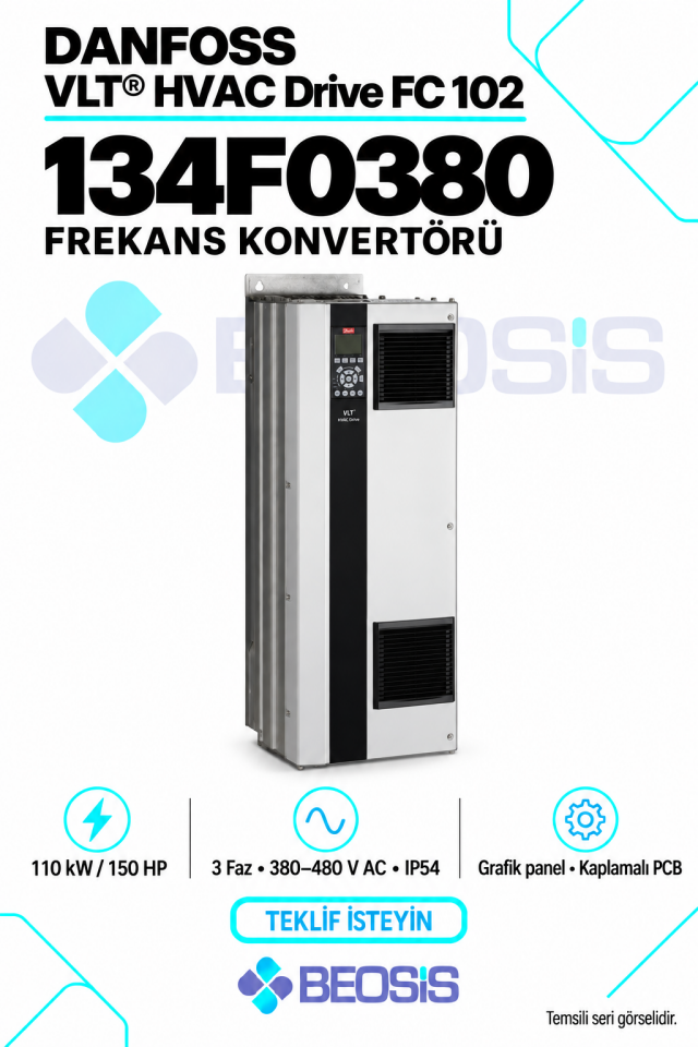 Danfoss 134F0380 VLT HVAC Drive FC 102 110 kW 380–480 V IP54 Grafik Panelli Motor Hız Kontrol Cihazı