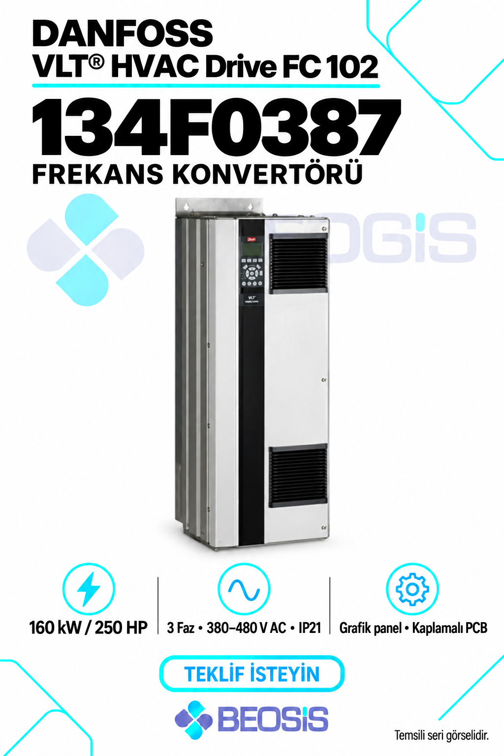 Danfoss 134F0387 VLT HVAC Drive FC 102 160 kW 380–480 V IP21 Grafik Panelli Motor Hız Kontrol Cihazı