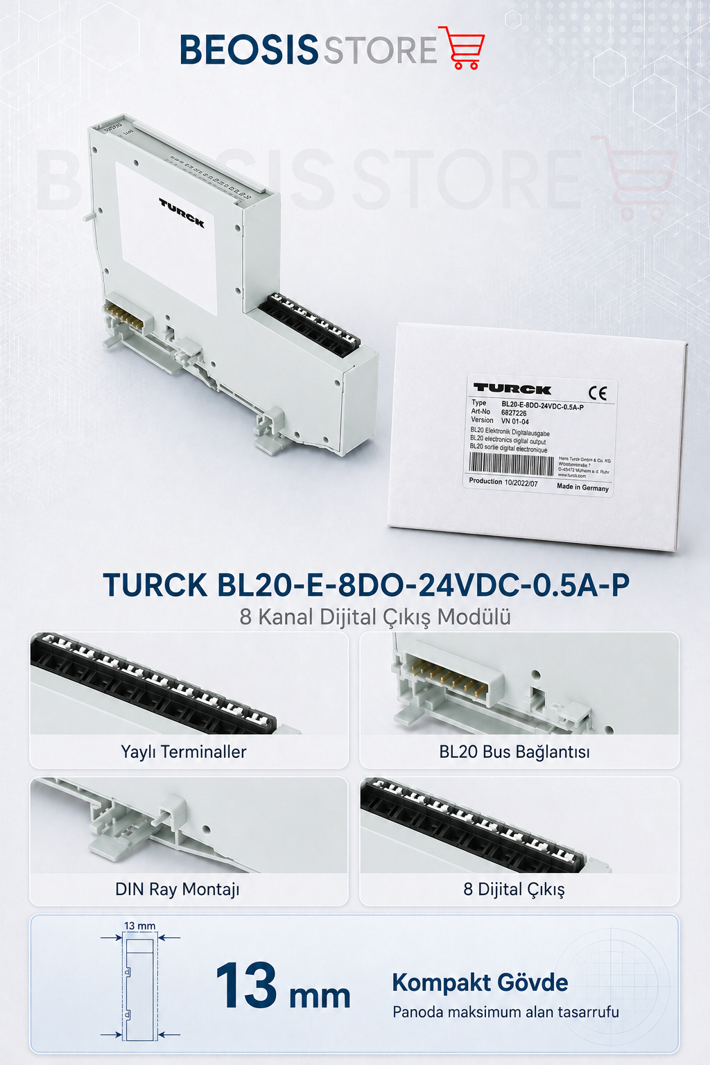 TURCK BL20-E-8DO-24VDC-0.5A-P 8 Kanal Dijital Çıkış Modülü