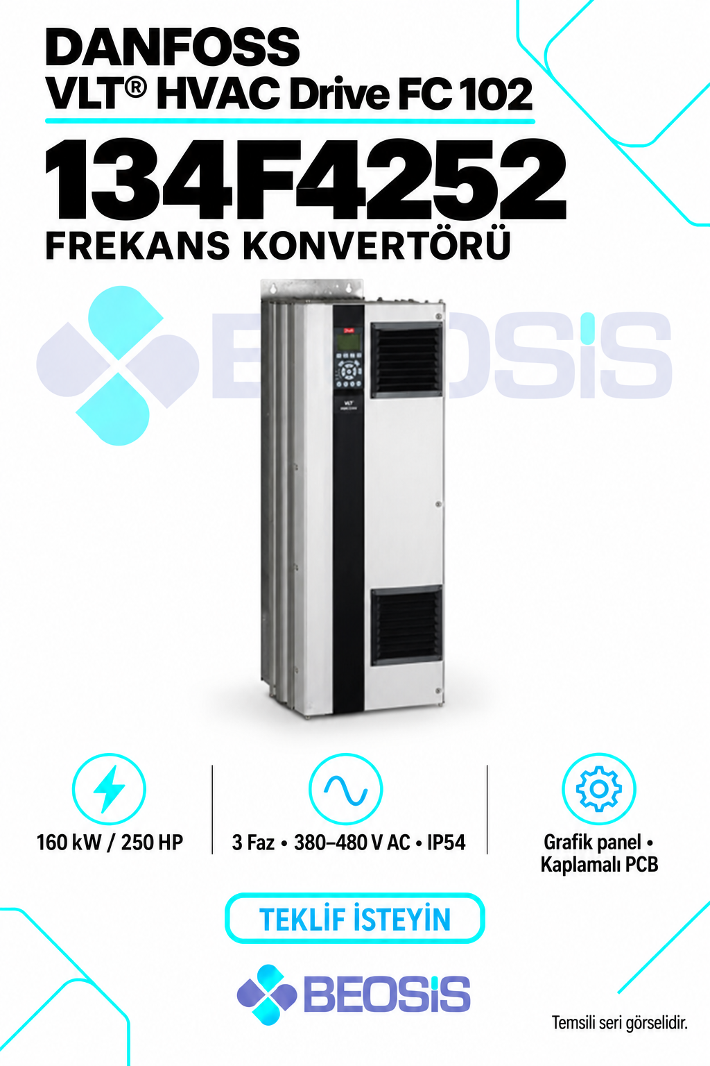 Danfoss 134F4252 VLT HVAC Drive FC 102 160 kW 380–480 V IP54 Grafik Panelli Motor Hız Kontrol Cihazı