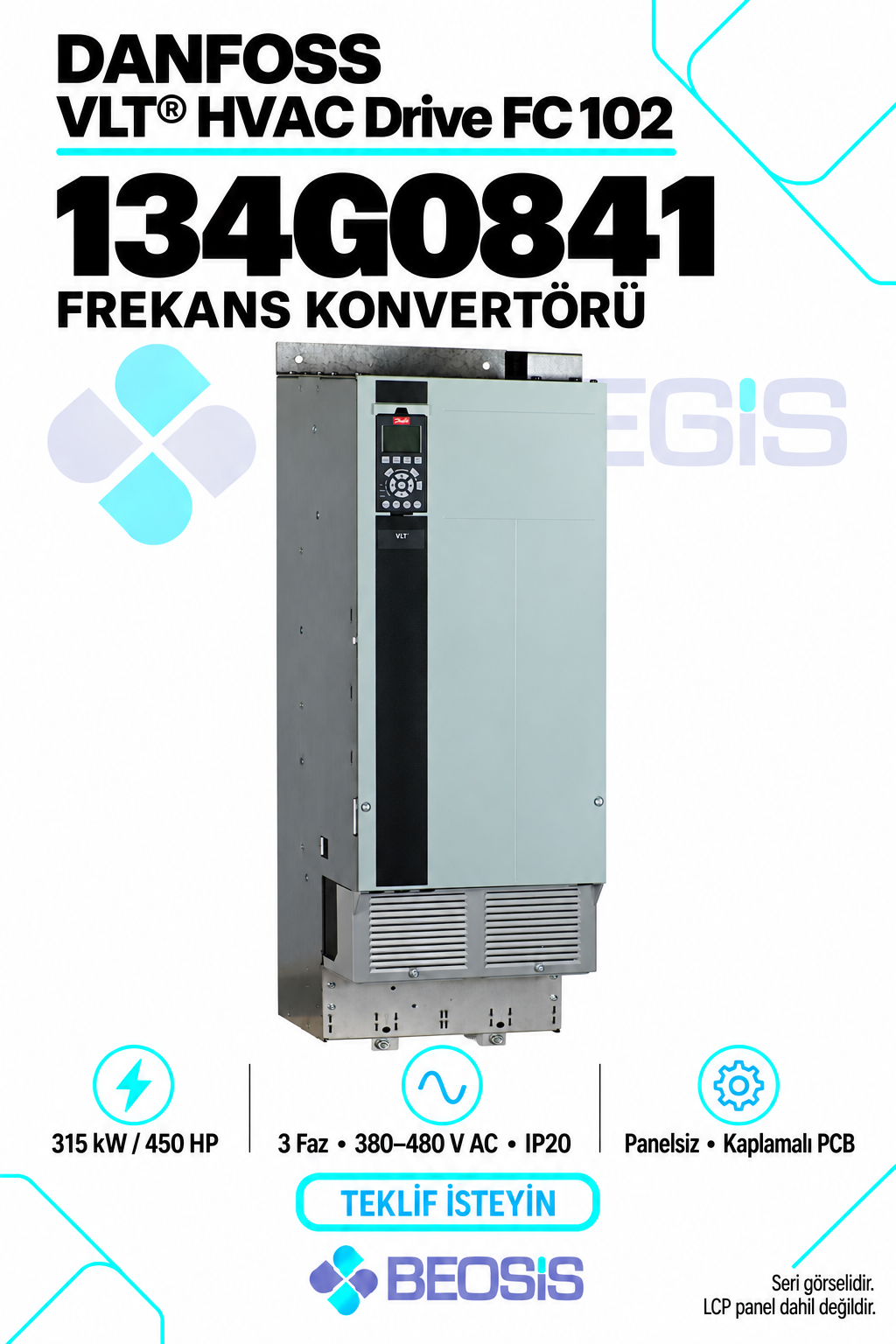 Danfoss 134G0841 VLT HVAC Drive FC 102 315 kW 380–480 V IP20 Panelsiz Motor Hız Kontrol Cihazı