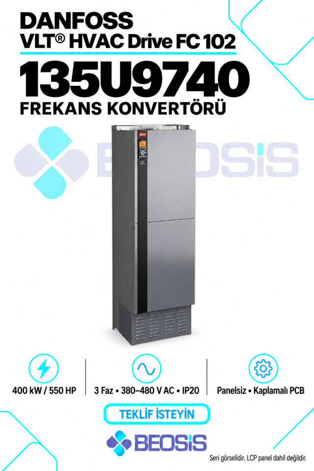 Danfoss 135U9740 VLT HVAC Drive FC 102 400 kW 380–480 V IP20 Panelsiz Motor Hız Kontrol Cihazı
