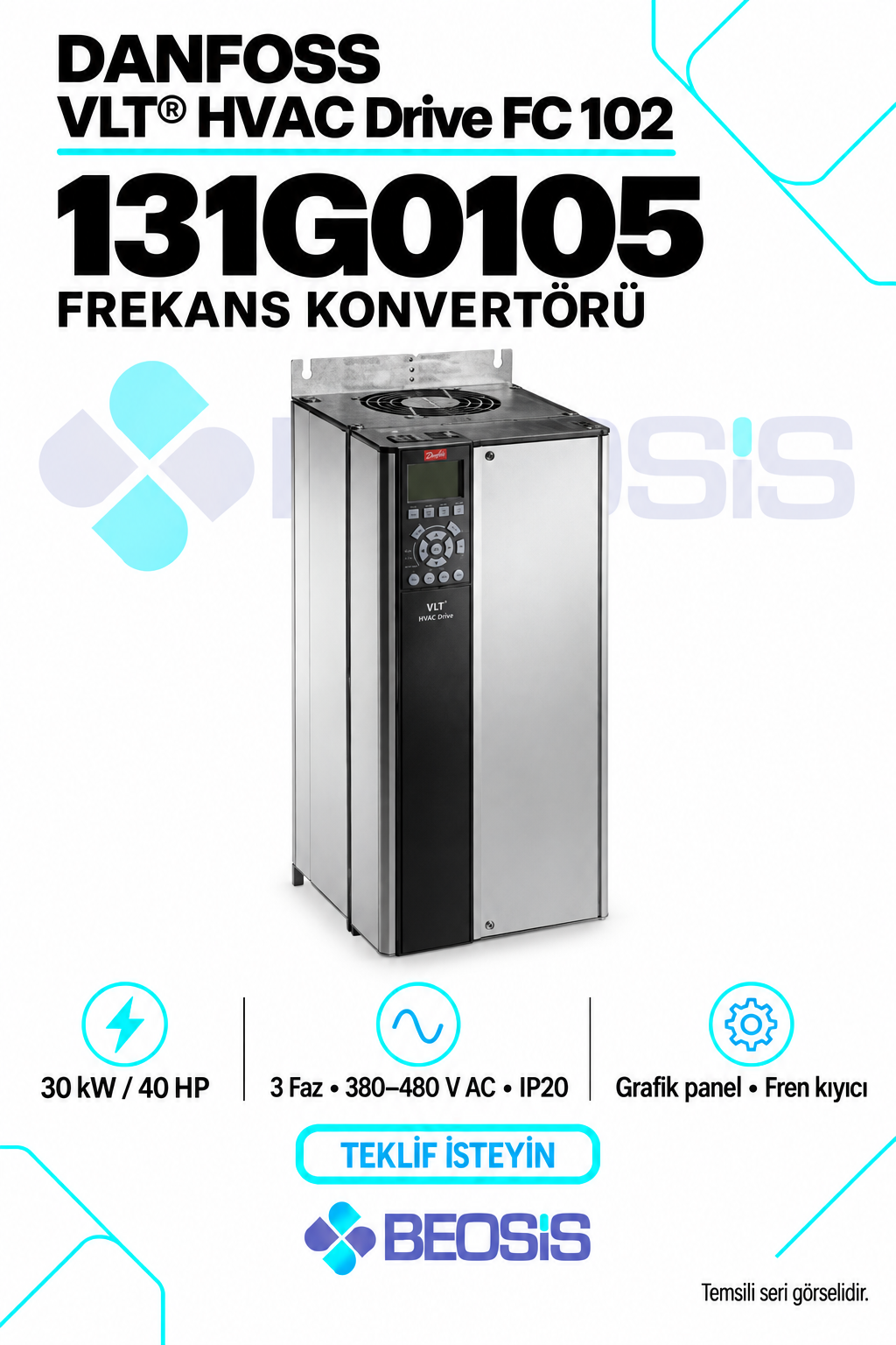 Danfoss 131G0105 VLT HVAC Drive FC 102 30 kW 380–480 V IP20 Grafik Panelli Motor Hız Kontrol Cihazı