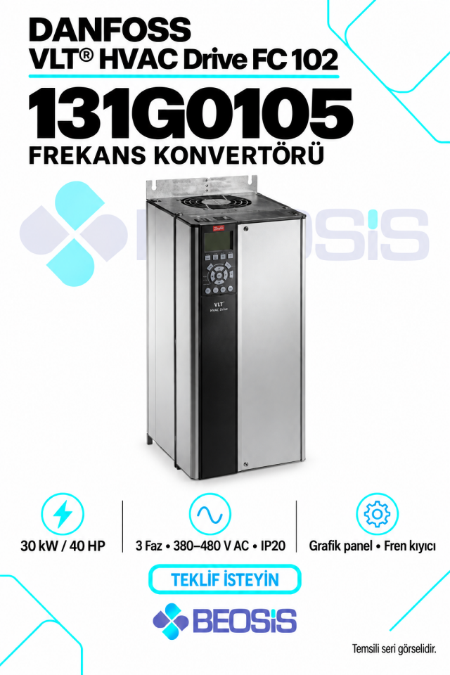Danfoss 131G0105 VLT HVAC Drive FC 102 30 kW 380–480 V IP20 Grafik Panelli Motor Hız Kontrol Cihazı