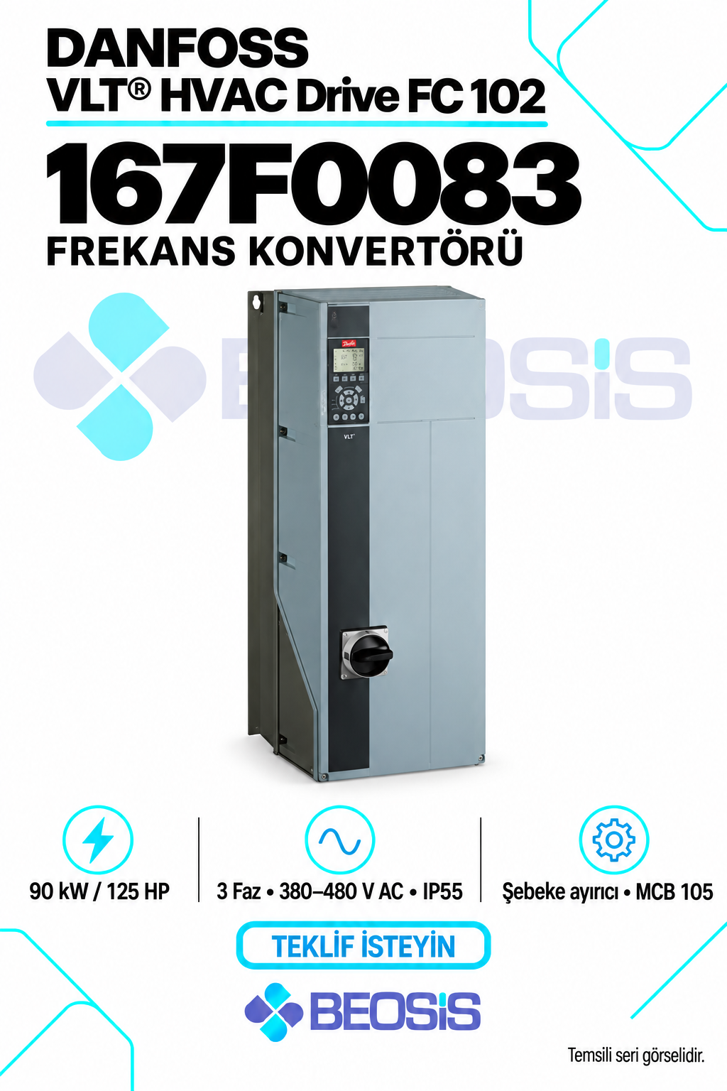 Danfoss 167F0083 VLT HVAC Drive FC 102 90 kW 380–480 V IP55 Grafik Panelli Motor Hız Kontrol Cihazı