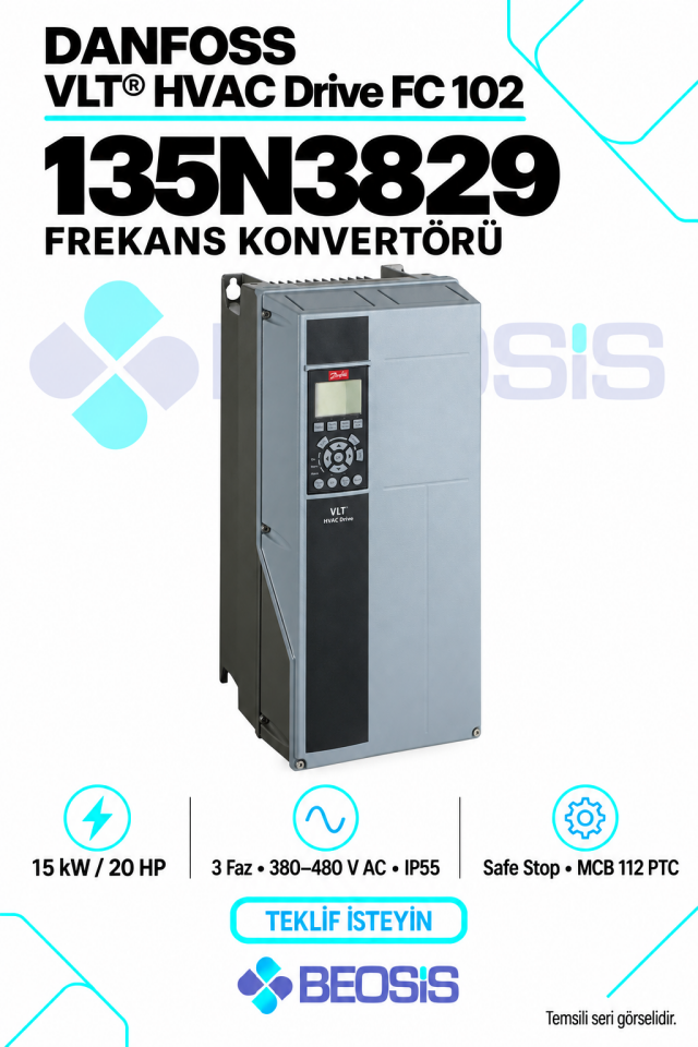 Danfoss 135N3829 VLT HVAC Drive FC 102 15 kW 380–480 V IP55 Grafik Panelli Motor Hız Kontrol Cihazı