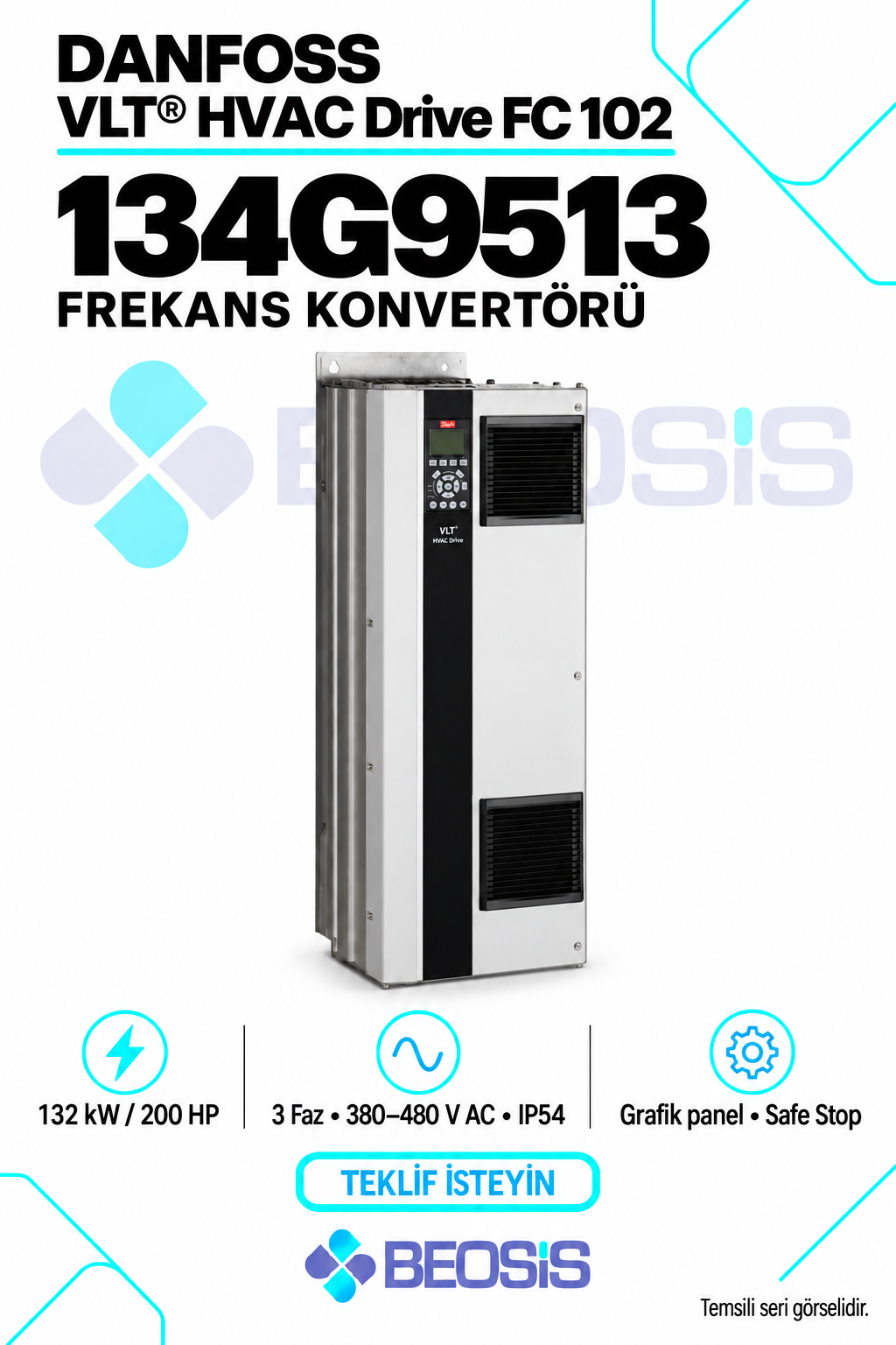 Danfoss 134G9513 VLT HVAC Drive FC 102 132 kW 380–480 V IP54 Grafik Panelli Motor Hız Kontrol Cihazı