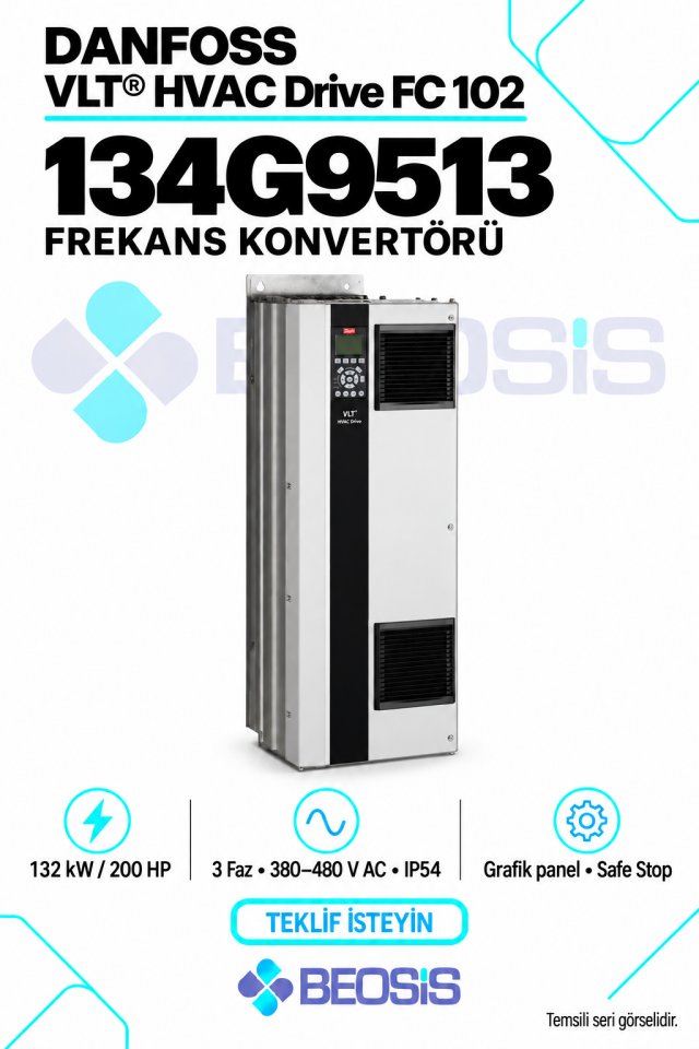 Danfoss 134G9513 VLT HVAC Drive FC 102 132 kW 380–480 V IP54 Grafik Panelli Motor Hız Kontrol Cihazı
