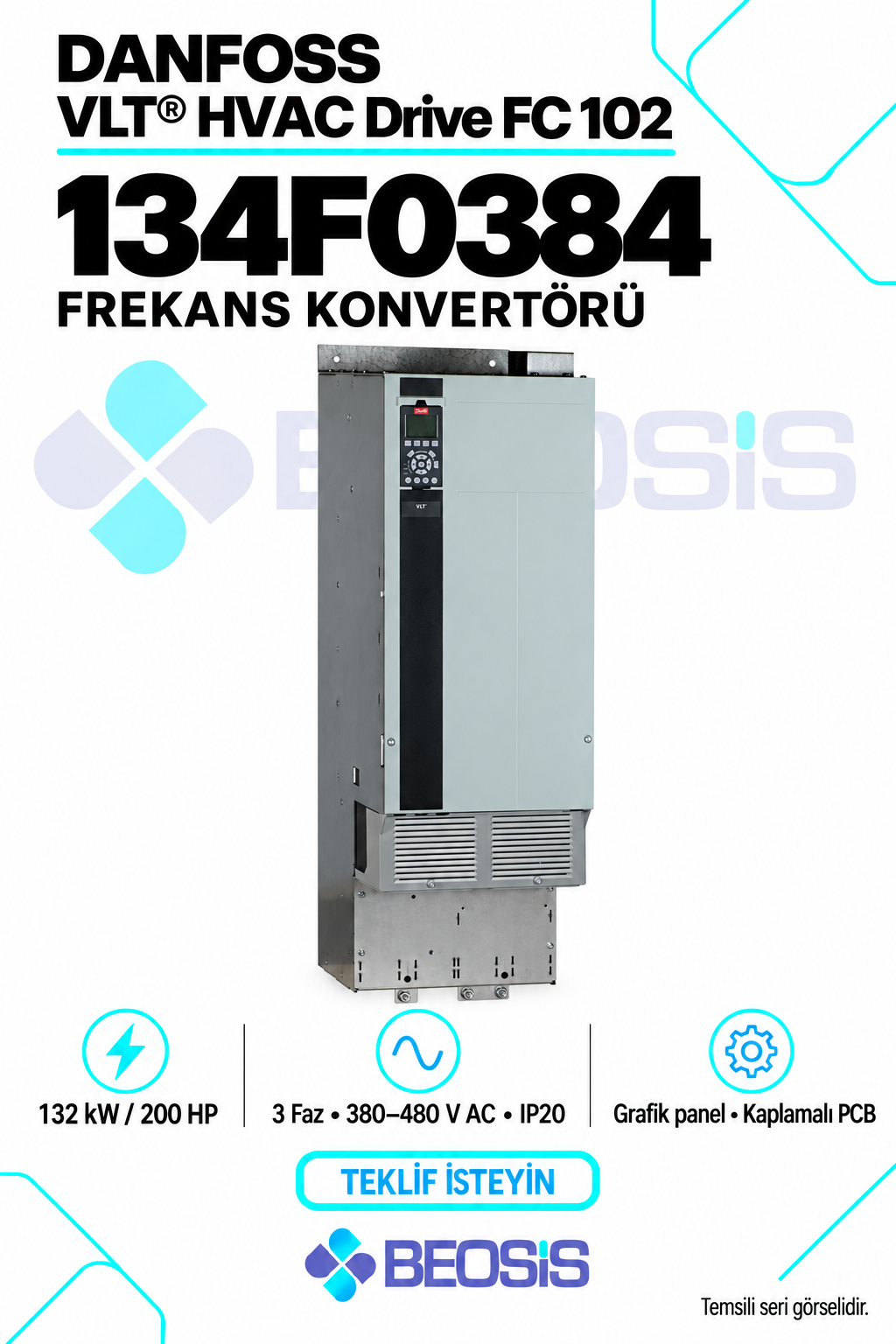Danfoss 134F0384 VLT HVAC Drive FC 102 132 kW 380–480 V IP20 Grafik Panelli Motor Hız Kontrol Cihazı