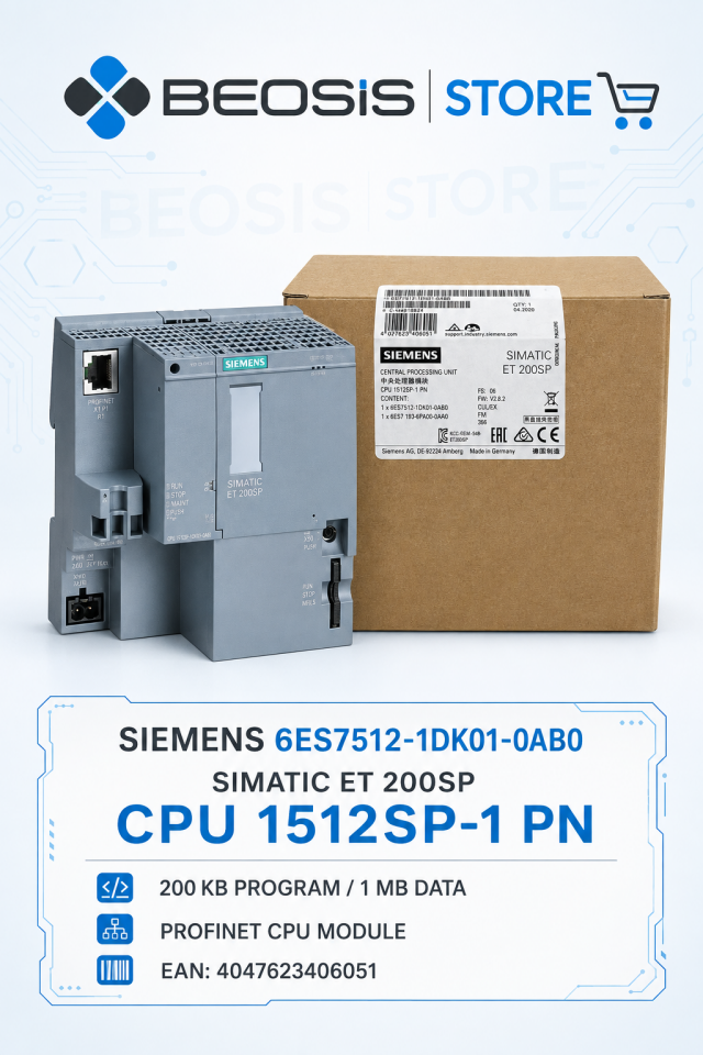 6ES7512-1DK01-0AB0 SIMATIC ET 200SP CPU 1512SP-1 PN, 200 KB Program / 1 MB Veri