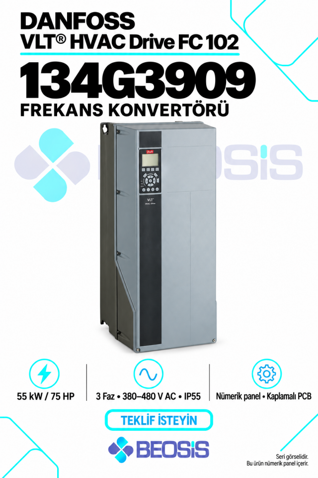 Danfoss 134G3909 VLT HVAC Drive FC 102 55 kW 380–480 V IP55 Nümerik Panelli Motor Hız Kontrol Cihazı