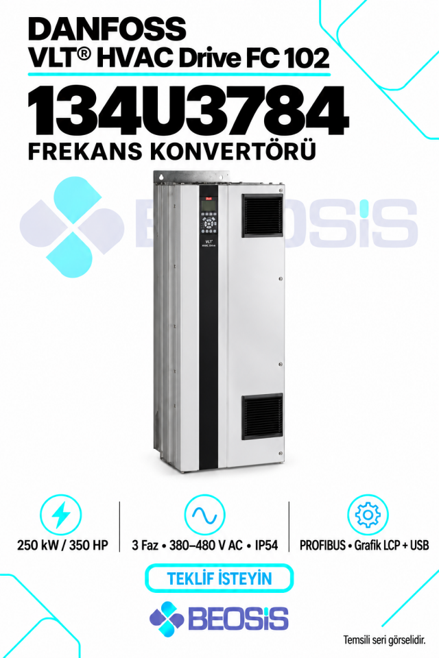 Danfoss 134U3784 VLT HVAC Drive FC 102 250 kW 380–480 V IP54 Grafik Panelli + USB Motor Hız Kontrol Cihazı