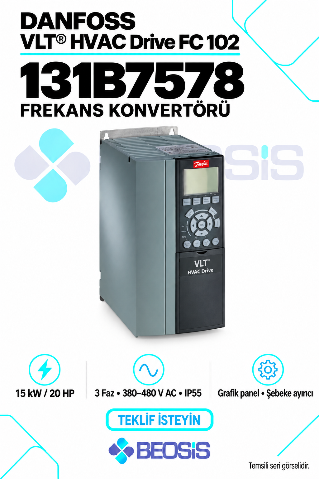 Danfoss 131B7578 VLT HVAC Drive FC 102 15 kW 380–480 V IP55 Grafik Panelli Motor Hız Kontrol Cihazı