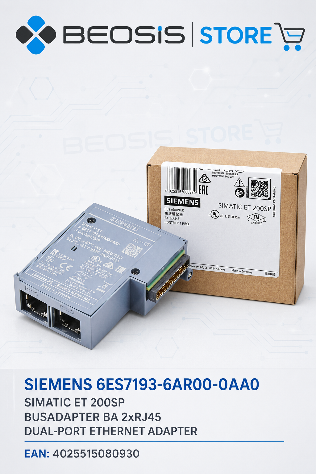 6ES7193-6AR00-0AA0 SIMATIC ET 200SP BusAdapter BA 2xRJ45 PROFINET