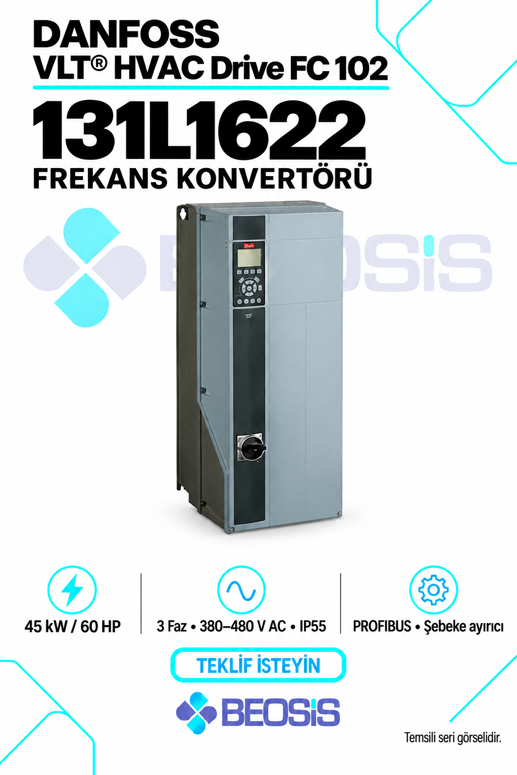 Danfoss 131L1622 VLT HVAC Drive FC 102 45 kW 380–480 V IP55 Grafik Panelli Motor Hız Kontrol Cihazı