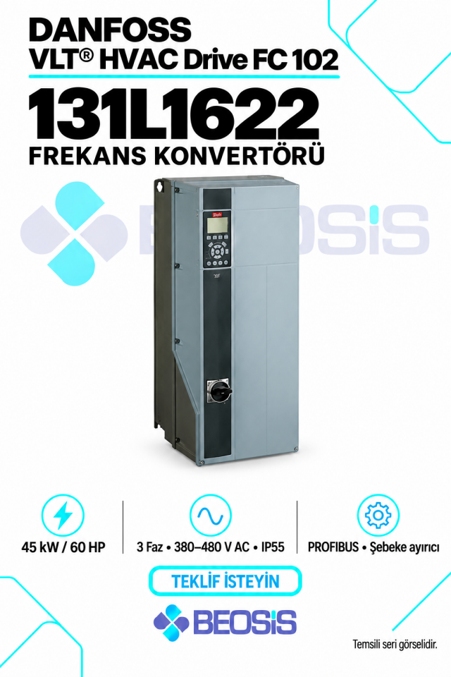 Danfoss 131L1622 VLT HVAC Drive FC 102 45 kW 380–480 V IP55 Grafik Panelli Motor Hız Kontrol Cihazı