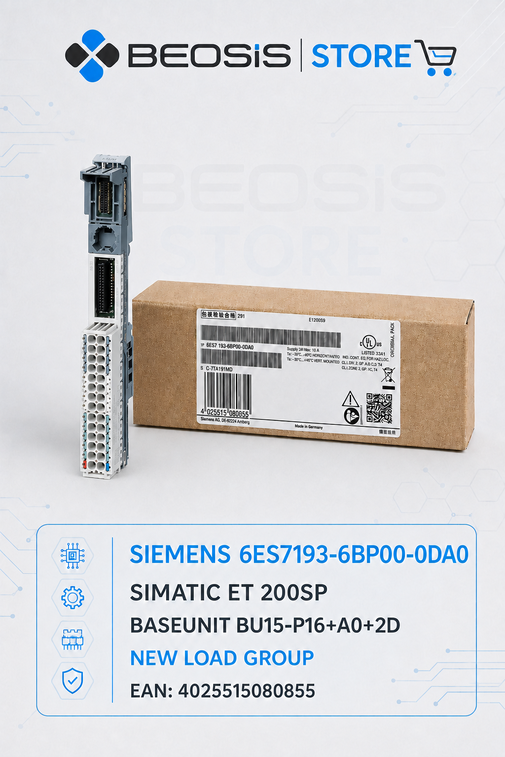 6ES7193-6BP00-0DA0 SIMATIC ET 200SP BaseUnit BU15-P16+A0+2D