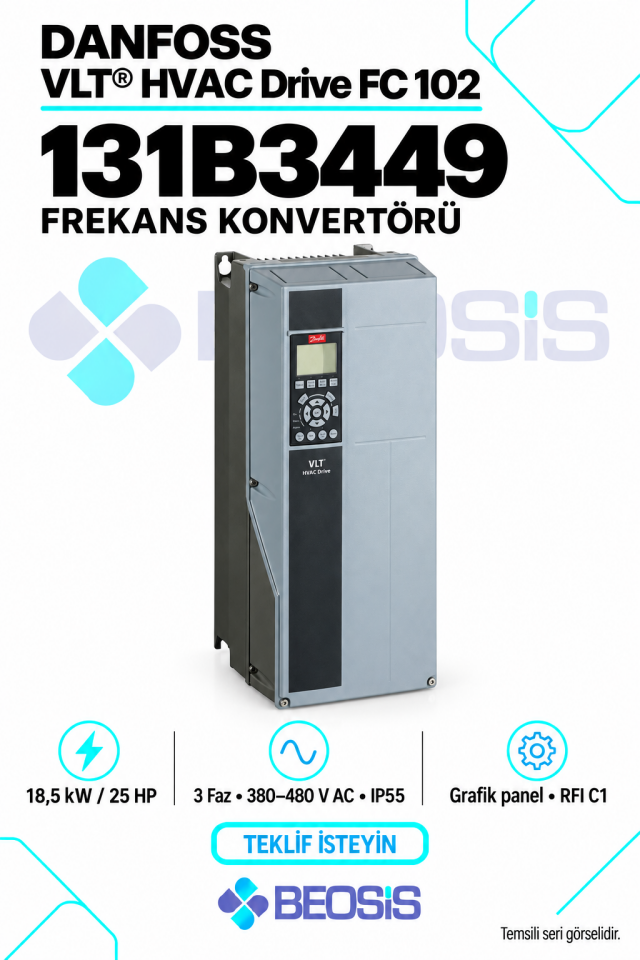 Danfoss 131B3449 VLT HVAC Drive FC 102 18,5 kW 380–480 V IP55 Grafik Panelli Motor Hız Kontrol Cihazı
