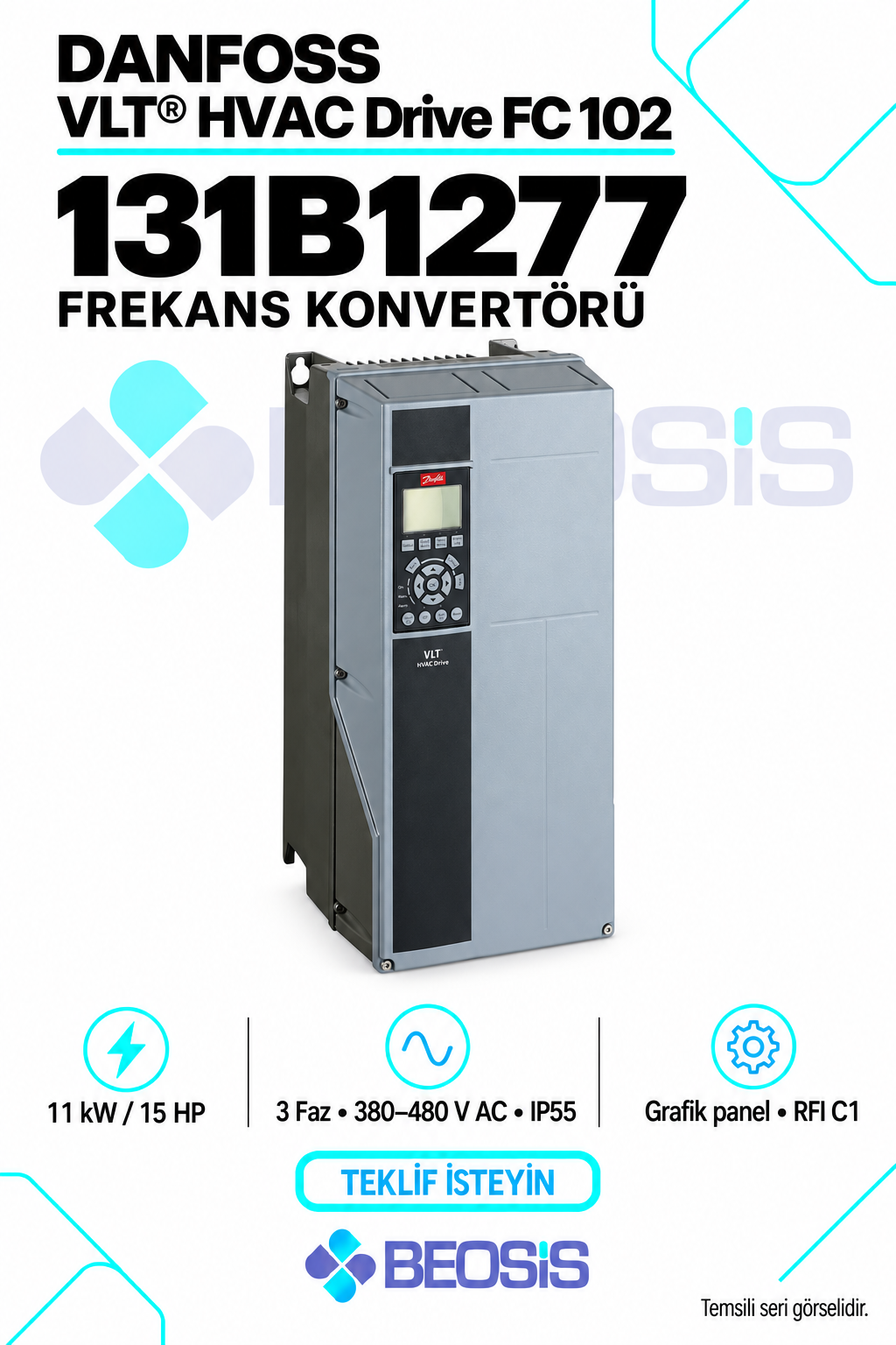 Danfoss 131B1277 VLT HVAC Drive FC 102 11 kW 380–480 V IP55 Grafik Panelli Motor Hız Kontrol Cihazı