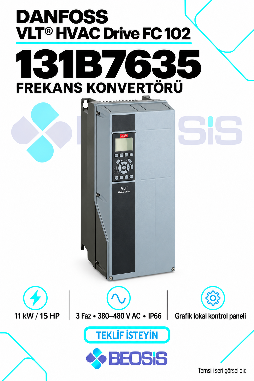 Danfoss 131B7635 VLT HVAC Drive FC 102 11 kW 380–480 V IP66 Grafik Panelli Motor Hız Kontrol Cihazı