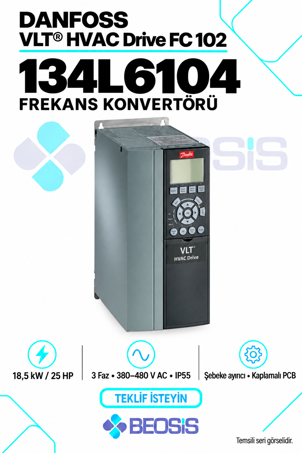 Danfoss 134L6104 VLT HVAC Drive FC 102 18,5 kW 380–480 V IP55 Grafik Panelli Motor Hız Kontrol Cihazı